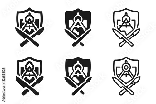 Antique Map Restoration Icons. Antique map restoration process. Icon set. Set Logo of antique map restoration process: restoration toolkit and compass.