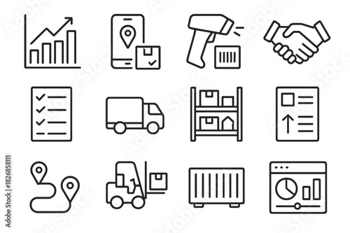 Supply Chain Icons. Supply Chain Management. Line icon set of Supply Chain Management: inventory chart, shipment tracker, barcode scanner, supplier handshake,