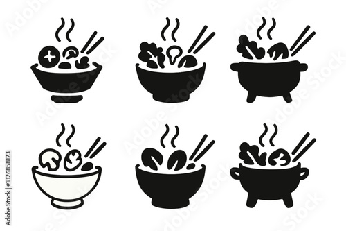 Hot Pot Logo Collection. Preparing a hot pot or fondue for a social meal with friends. Icon set. Set Logo of Preparing a hot pot or fondue for a social meal