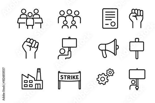 Union Meeting Icons. Union Meeting. Line icon set of Union Meeting: meeting table, group of people, handshake, contract, raised fist, protest sign, megaphone,