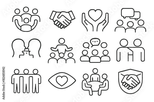 Support Icons Grid. Support groups. Line icon set of support groups: people in circle, handshake icon, heart in hands, group chat, talking heads, counselor