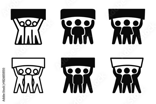 Collectivist Icon Set. Collectivist. Icon set. Set Logo of collectivist: group of figures lifting a shared banner. harmonious logo variations of the same