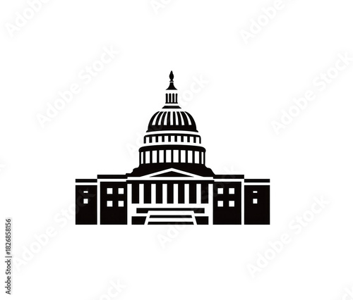 Silhouette of a large government building with a prominent dome against a black background. Simple lines define structure