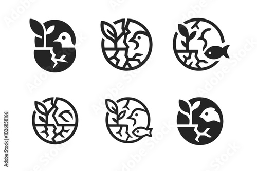 Biodiversity Icon Set. Biodiversity loss. Icon set. Set Logo of biodiversity loss: cracked earth with fading flora and fauna. harmonious logo variations of the