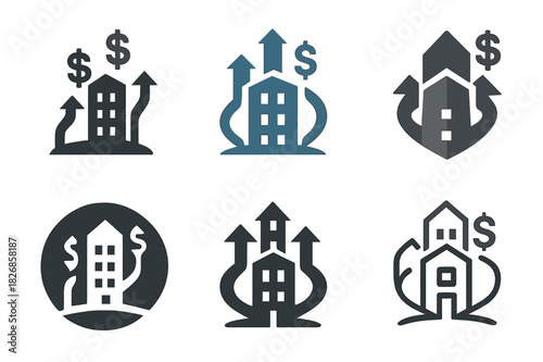 Corporate Tax Logos. Corporate tax policies. Icon set. Set Logo of corporate tax policies: office building with dollar arrows. harmonious logo variations of