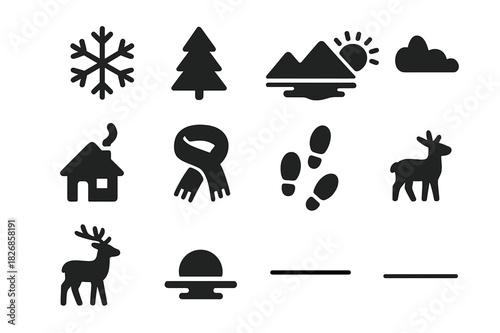 Winter Sunset Icons. Winter Sunset. Solid icon set of Winter Sunset: snowflake, pine tree, frozen lake, mountain, sun, cabin, chimney smoke, scarf, footprints,
