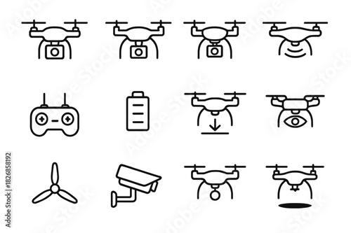 Surveillance Drone Icons. Surveillance Drones. Line icon set of Surveillance Drones: camera drone, quadcopter, drone with gimbal, drone in flight, drone