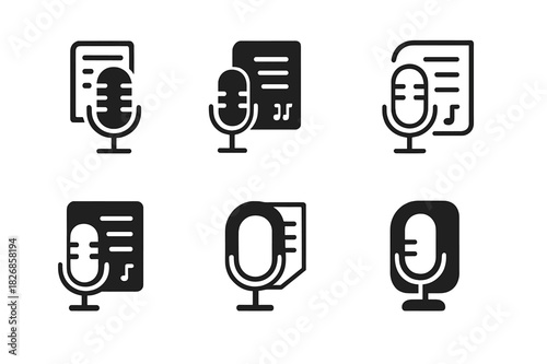 Poetic Expression Icons. Poetic expression. Icon set. Set Logo of poetic expression: microphone with page and stanza marks for spoken word. harmonious logo