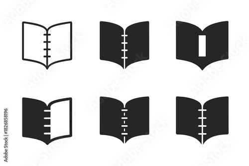 Book Binding Logos. Book binding. Icon set. Set Logo of book binding: open book with visible stitched spine. harmonious logo variations of the same emblematic