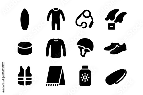 Surfing Essentials Icons. Surfing gear. Solid icon set of Surfing gear: surfboard, wetsuit, leash, fins, wax, rash guard, helmet, water shoes, life vest, beach