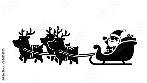 Santa Claus riding his sleigh pulled by reindeer, delivering presents during Christmas, in a festive winter holiday season