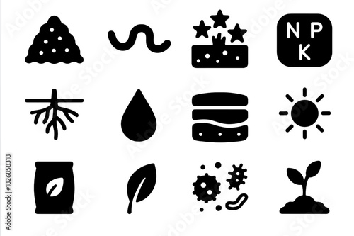 Soil Fertility Icons. Soil fertility. Solid icon set of Soil fertility: compost pile, earthworm, organic matter, nutrient icon, roots, water droplet, soil