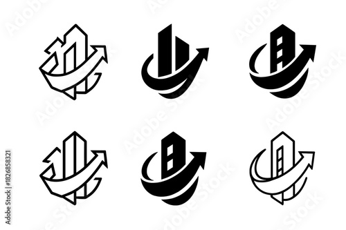 Organizational Change Icons. Guiding organizations through organizational change and transformation. Icon set. Set Logo of organizational change: Building with