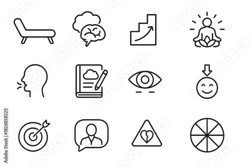 Psychotherapy Icons Set. Psychological therapy. Line icon set of psychological therapy: therapist couch, brain with thought cloud, CBT steps, mindfulness icon,