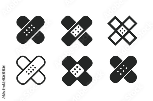 Plaster Patch Logos. Plaster patch. Icon set. Set Logo of Plaster patch: single adhesive bandage with dotted center pad. harmonious logo variations of the same