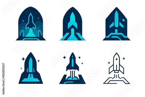 Futuristic Spacecraft Launch Icons. The launch of a spacecraft from a futuristic launch pad. Icon set. Set Logo of the launch of a spacecraft from a futuristic