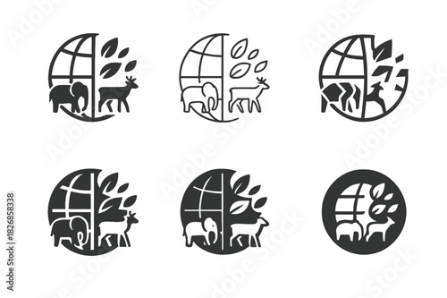 Biodiversity Emblem Variations. Biodiversity loss. Icon set. Set Logo of biodiversity loss: globe with fading leaves and animals. harmonious logo variations of
