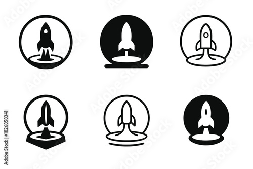 Futuristic Rocket Logos. The launch of a spacecraft from a futuristic launch pad. Icon set. Set Logo of the launch of a spacecraft from a futuristic launch