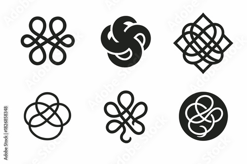 Tangled Hair Logos. Tangled hair. Icon set. Set Logo of tangled hair: Curly strand forming loops. harmonious logo variations of the same emblematic concept,