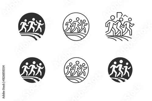Fitness Challenge Icons. A group of friends doing a fitness challenge together, encouraging each other. Icon set. Set Logo of a fitness challenge: running