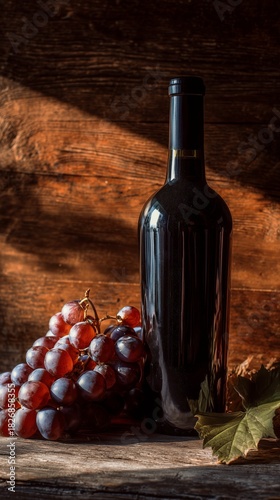 Dark Wine Bottle With Fresh Grapes on Rustic Wooden Table in Warm Lighting Du...