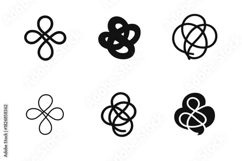 Tangled Hair Logos. Tangled hair. Icon set. Set Logo of tangled hair: Curly strand forming loops. harmonious logo variations of the same emblematic concept,