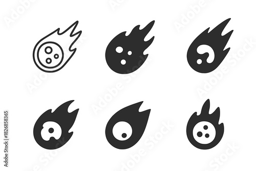 Meteorite Logo Collection. Meteorite. Icon set. Set Logo of Meteorite: Burning meteor. harmonious logo variations of the same emblematic concept (Minimal