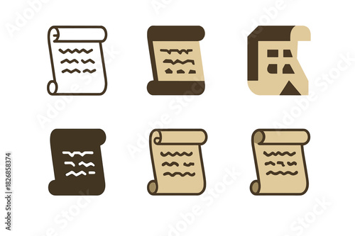 Archaeological Icon Set. Famous archeological discoveries and their significance. Icon set. Set Logo of Dead Sea Scrolls: rolled parchment scrolls with ancient