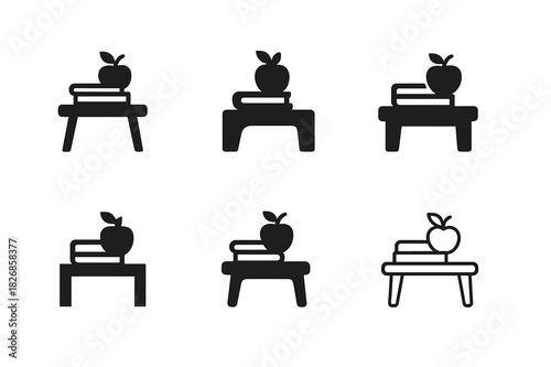 Teaching Logo Variations. Teaching moment. Icon set. Set Logo of teaching moment: Desk with books and apple. harmonious logo variations of the same emblematic