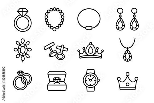 Luxury Jewelry Icons. Luxury jewelry. Line icon set of luxury jewelry: diamond ring, pearl necklace, gold bracelet, gemstone earrings, brooch, cufflinks,