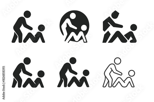 Personal Trainer Logos. A personal trainer demonstrating a workout move for a client. Icon set. Set Logo of a personal trainer demonstrating a workout move for