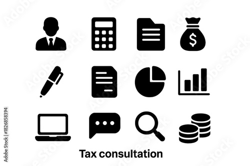 Tax Consultation Icons. Tax consultation. Solid icon set of tax consultation: accountant, calculator, tax file, money bag, pen, document, pie chart, bar graph,