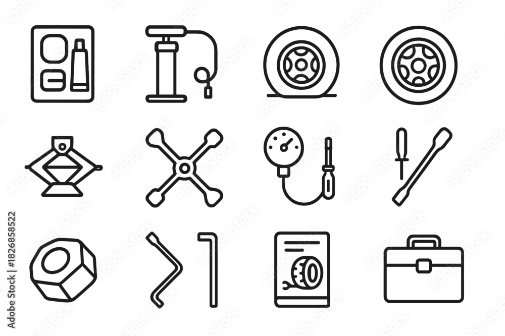 Obraz premium Tire Repair Icons. Tire Repair Tools. Line icon set of Tire Repair Tools: patch kit, tire inflator, flat tire, spare tire, jack, wrench, air gauge,