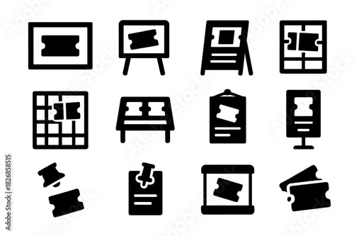 Ticket Display Icons. Ticket display. Solid icon set of Ticket display: frame, bulletin board, stand, shelf, wall grid, table layout, poster, event info,