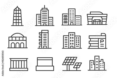 Modern Building Icons. Modern buildings. Line icon set of modern buildings: glass tower, high-rise, office block, mall, convention center, residential tower,