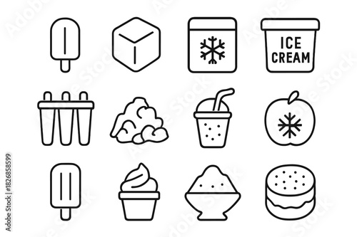 Frozen Snack Icons. Frozen snacks. Line icon set of frozen snacks: ice pop, ice cube, freezer pack, ice cream tub, popsicle mold, crushed ice, frosty cup, cold