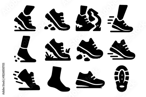 Trail Running Icons. Trail Runner Feet. Solid icon set of foot striking ground, running shoes, trail path, motion lines, socks, dirt, grass, pebble, ankle,