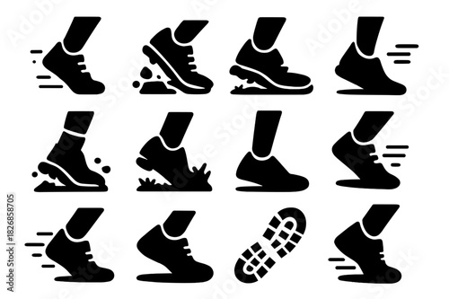 Trail Running Icons. Trail Runner Feet. Solid icon set of foot striking ground, running shoes, trail path, motion lines, socks, dirt, grass, pebble, ankle,