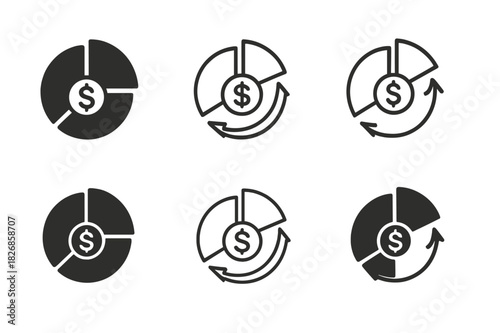 Corporate Tax Logo Variations. Corporate tax policies. Icon set. Set Logo of corporate tax policies: pie chart with currency and arrows. harmonious logo