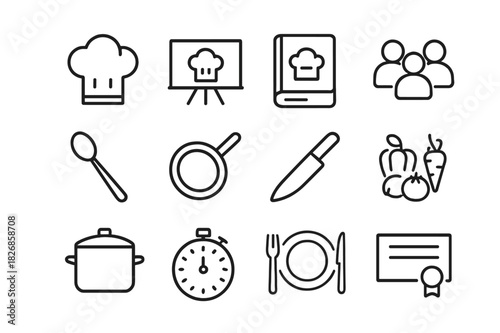 Cooking Class Icons. Cooking classes. Line icon set of cooking classes: chef hat, whiteboard, recipe book, students, spoon, frying pan, knife, ingredients,