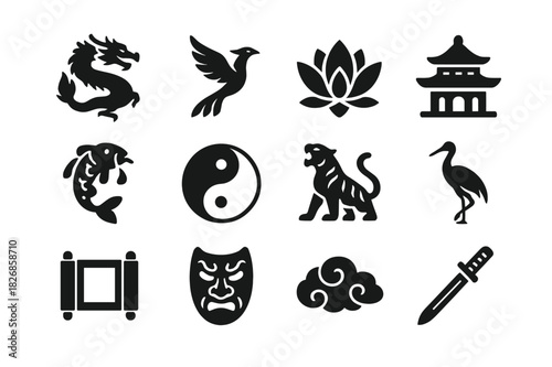 Asian Mythology Icons. Asian mythology. Solid icon set of Asian mythology: dragon, phoenix, lotus, temple, koi fish, yin yang, tiger, crane, scroll, mask,