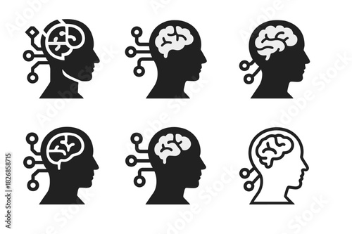 Transhumanism Icon Set. Transhumanism and technology integration. Icon set. Set Logo of transhumanism and technology integration: Neural implant interface.