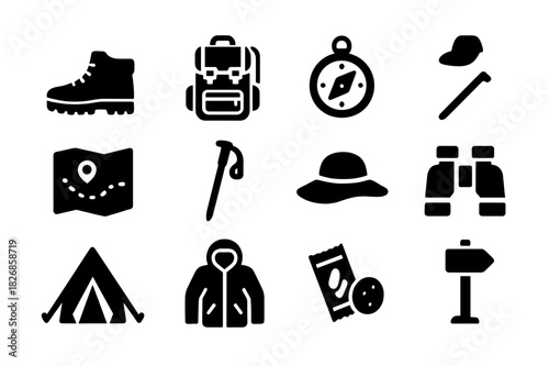 Hiking Essential Icons. Hiking trip. Solid icon set of hiking trip: hiking boots, backpack, water bottle, compass, map, walking stick, hat, binoculars, tent,