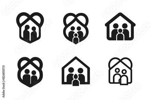 Heartful Family Logo Set. Building family memories. Icon set. Set Logo of Building family memories: house roof forming a heart over family silhouettes.