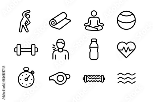 Mindful Recovery Icons. Mindful Recovery. Line icon set of Mindful Recovery: stretching, yoga mat, meditation pose, gym ball, dumbbell, breathing exercise,