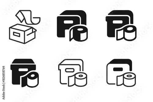 Labeling Box Logos. Labeling storage boxes. Icon set. Set Logo of labeling storage boxes: adhesive label roll. harmonious logo variations of the same