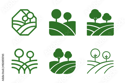 Rural Landscape Logos. Rural landscapes. Icon set. Set Logo of rural landscapes: Landscape with distant trees. harmonious logo variations of the same
