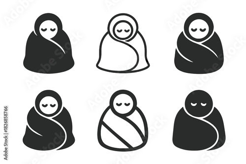 Snuggling Logo Variations. Snuggling under the covers. Icon set. Set Logo of snuggling under the covers: warm blanket cocoon. harmonious logo variations of the
