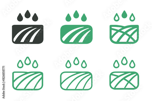 Irrigation System Icons. Water-efficient irrigation systems. Icon set. Set Logo of irrigation: soil with efficient water lines. harmonious logo variations of