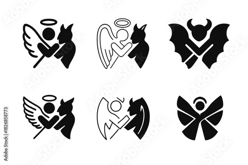 Angels and Demons Icons. Christian beliefs about angels and demons. Icon set. Set Logo of Christian beliefs about angels and demons: spiritual warfare symbol.